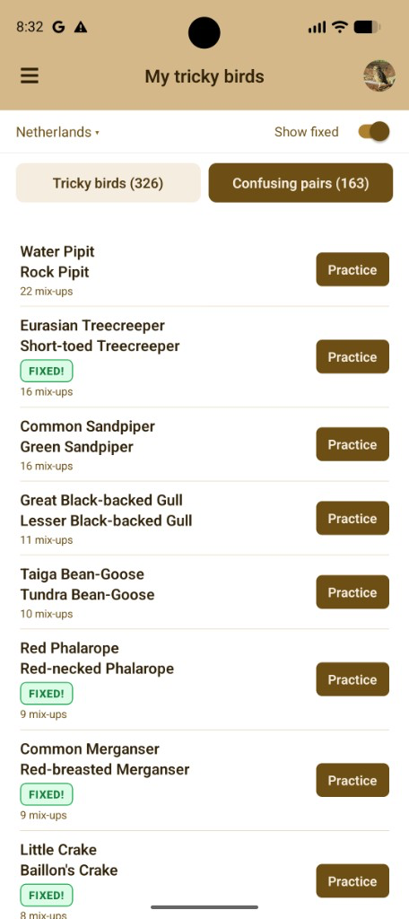 My Tricky Birds in the app: a list of lookalike pairs for the Netherlands, with Practice buttons and FIXED badges