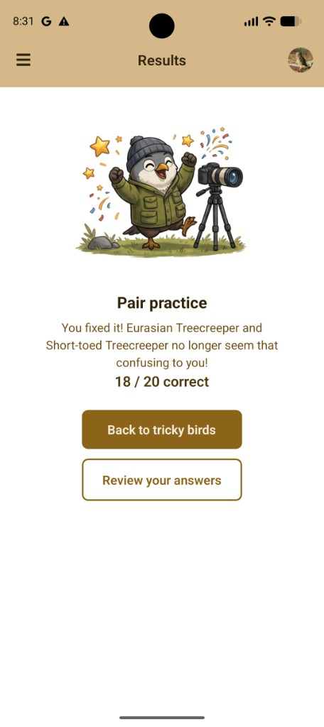 Pair practice results: 18 of 20 correct, and the treecreepers no longer seem confusing